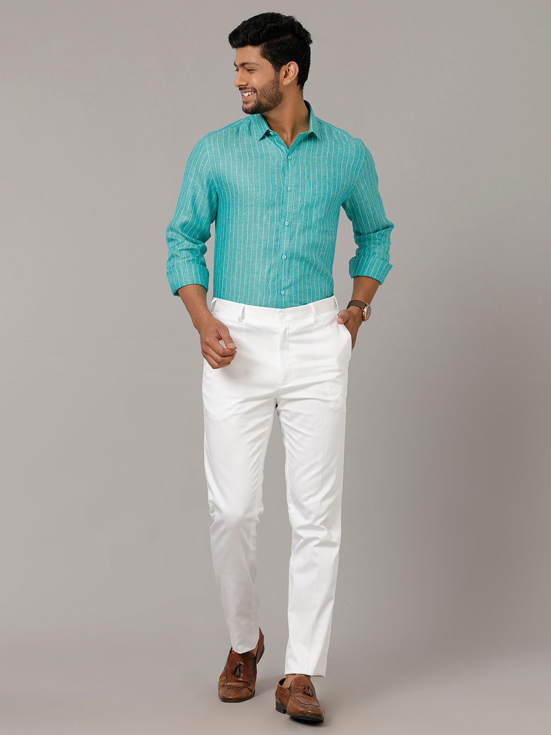 Men's spring summer outfit with green botanical shirt, white plain cotton  pants, white plain damaged jeans, white moccasins/deck shoes leather shoes.  | OTOKOMAE